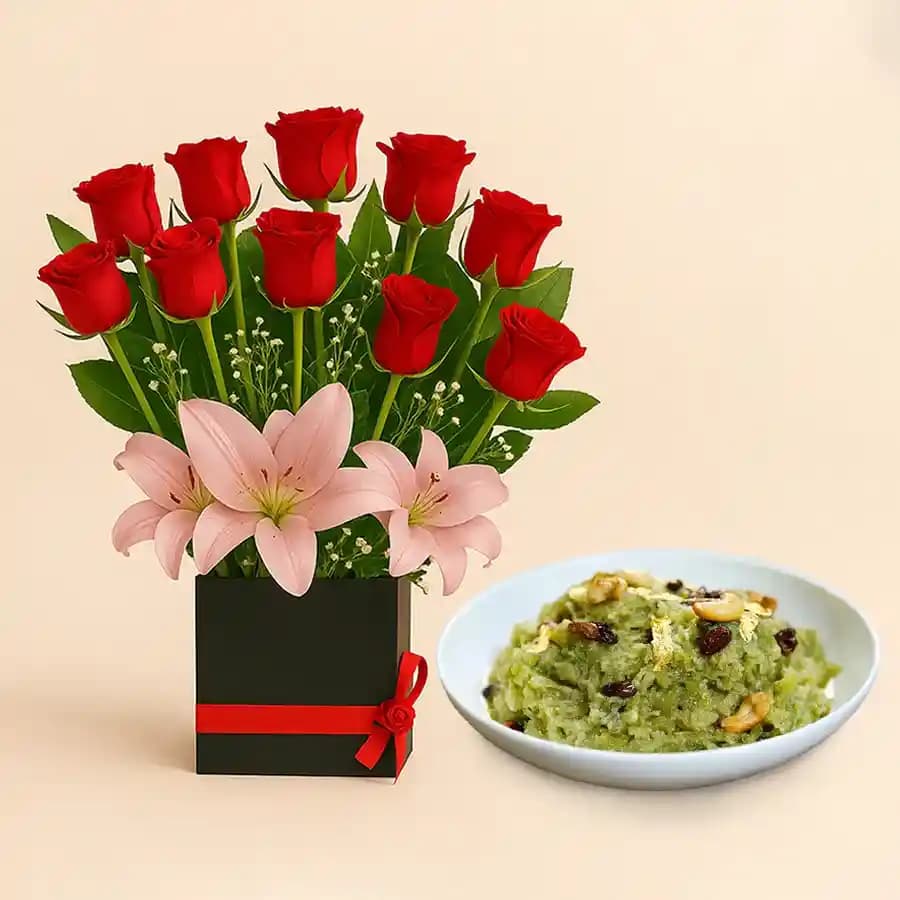 Gourmet Dudhi Halwa & Elegant Floral Display