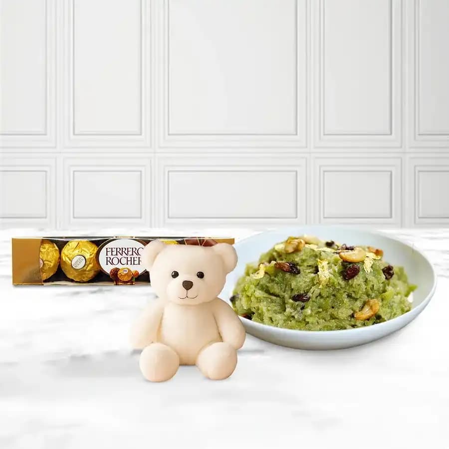 Delightful Dudhi Halwa Gift with Cuddly Bear & Chocolates