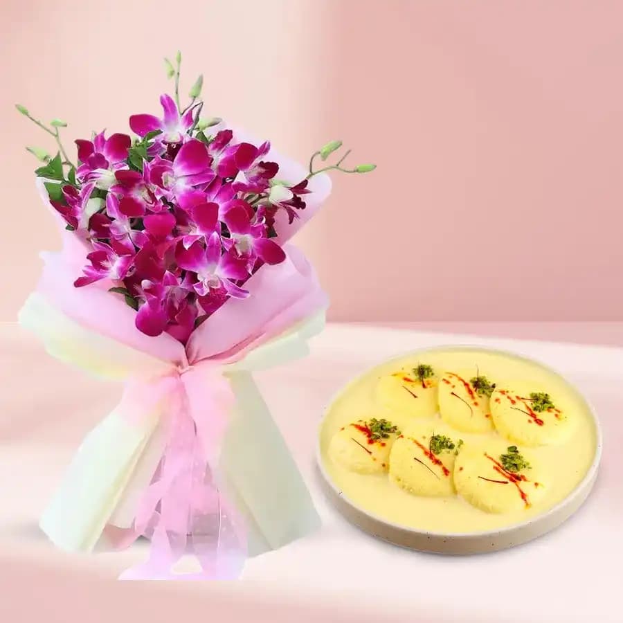 Delightful Rasmalai Treat with Orchid Arrangement