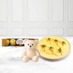 Sweet Love Assortment: Rasmalai, Teddy Bear, and Ferrero Rocher 1
