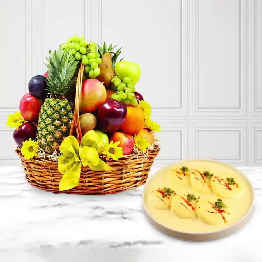 Exquisite Rasmalai Selection with Gourmet Fruit Basket