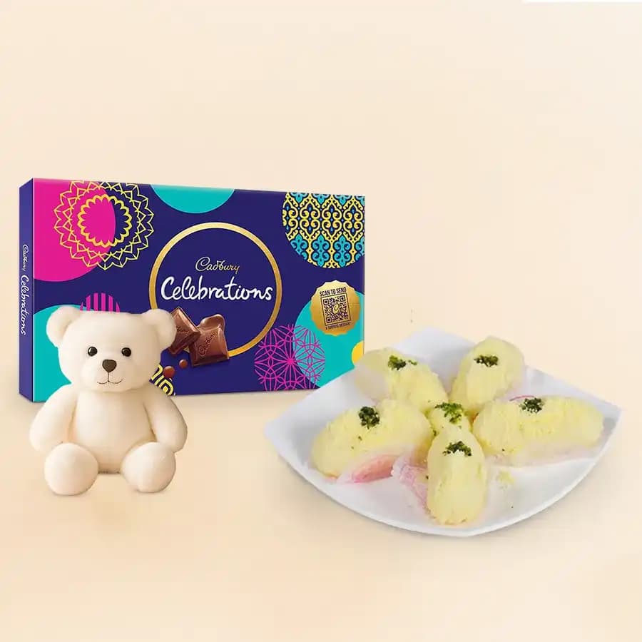 Delightful Malai Chum Chum Set with Plush Teddy & Cadbury Treat