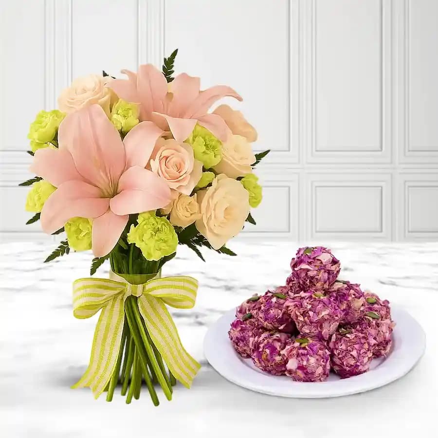 Charming Almond Rose Delight with Floral Arrangement
