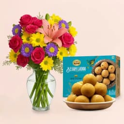 Sweet Symphony Gift Set: Besan Laddu & Flower Delight 1