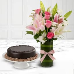 Classic Mixed Flowers Vase N Chocolate Cake Combo 1