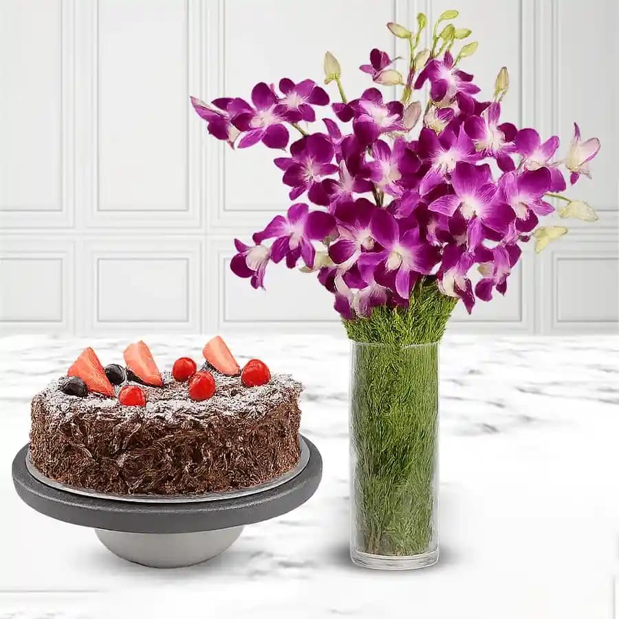 Tempting Black Forest Cake N Orchids Delight