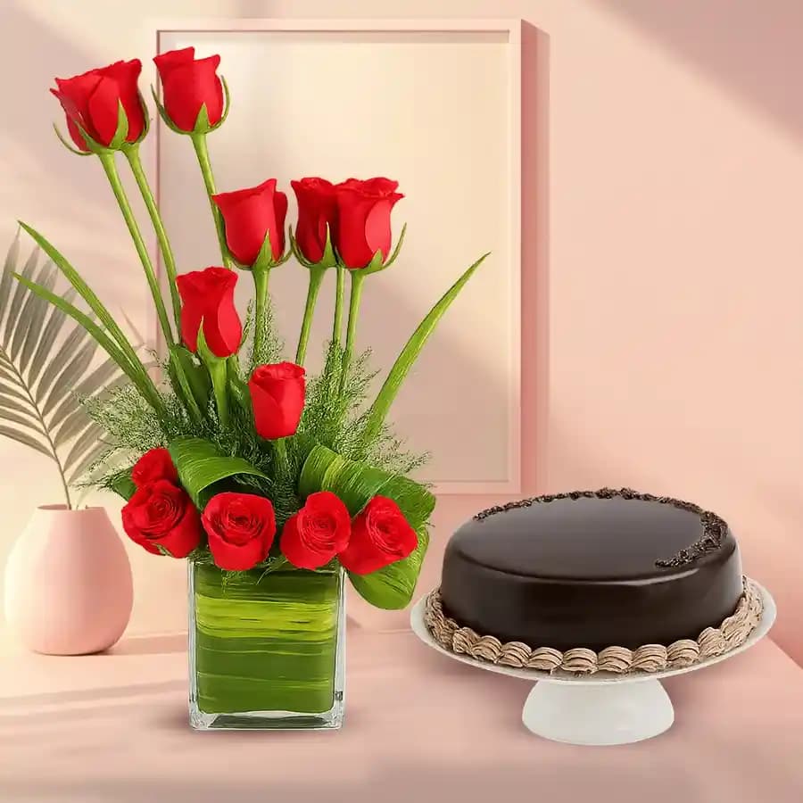 Blushing Red Roses N Chocolate Cake Combo