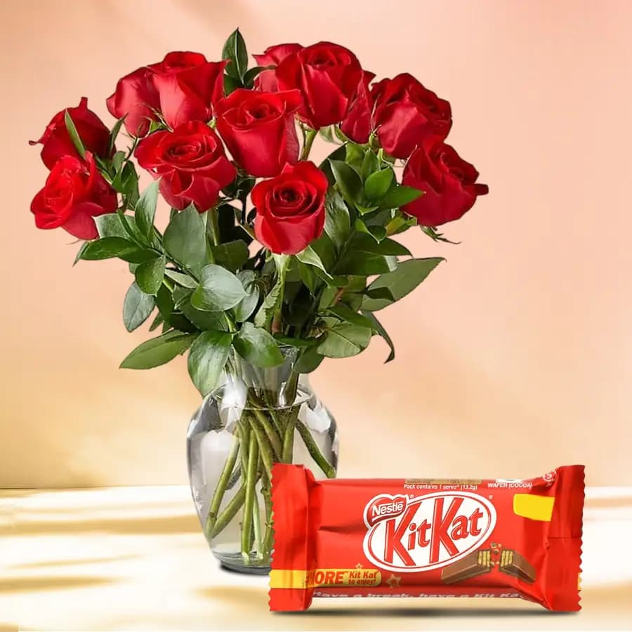 Exclusive Dutch Red Roses in Vase with free Cadburys Chocolate