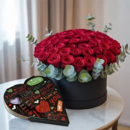 100 Exclusive Dutch Red Roses Arrangement with Heart Shaped Chocolate Box 1