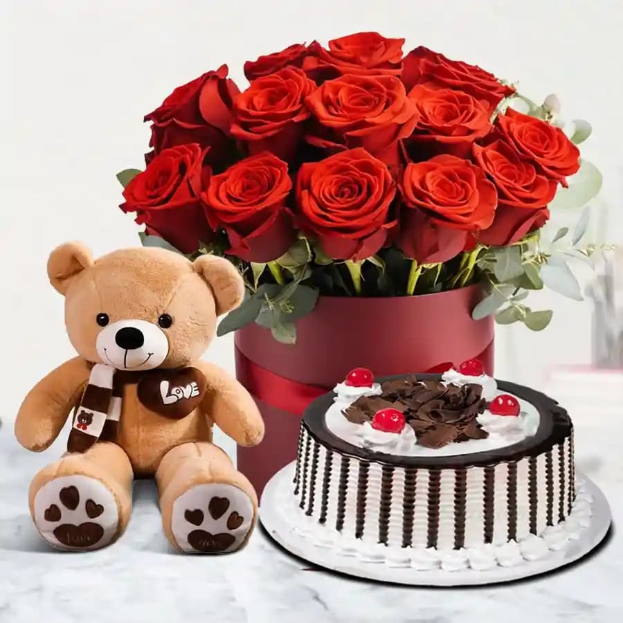 Red Roses with Black Forest Cake N Teddy
