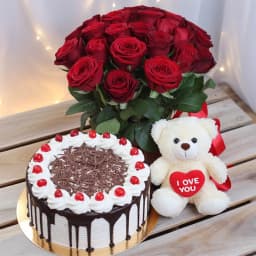Red Roses with Black Forest Cake N Teddy 1