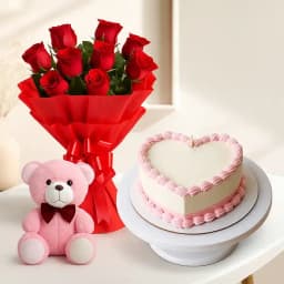 Heart Shaped Cake with Teddy N Dutch Roses 1