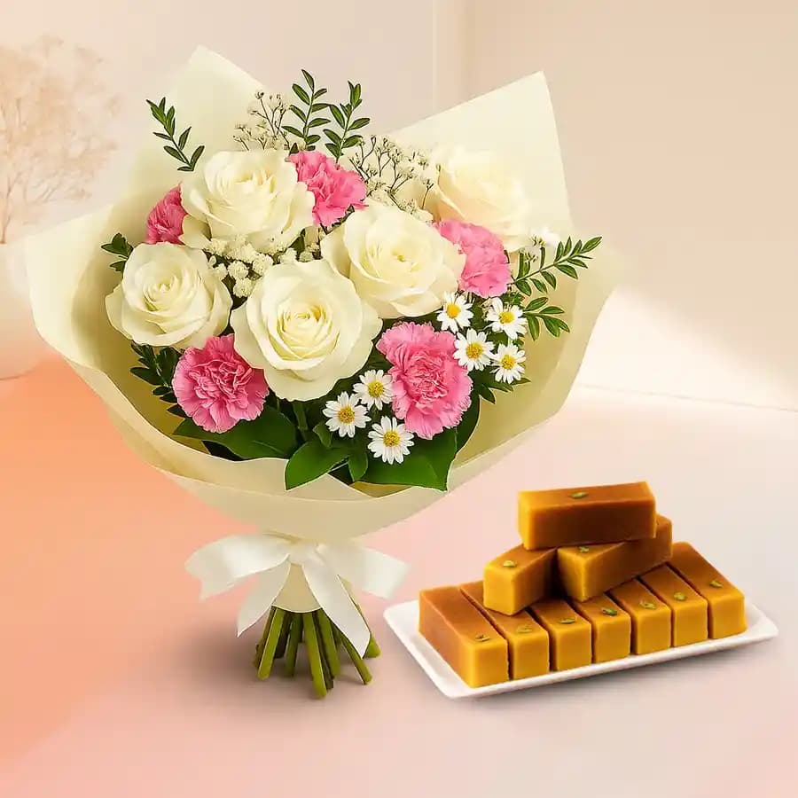 Ravishing Mixed Flowers Bouquet with Anand Bhawan Milk Cake
