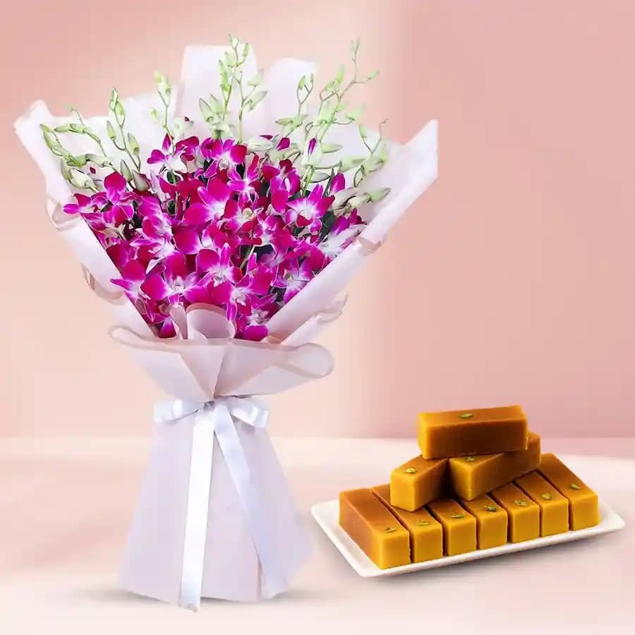 Malt Mysore Pak from Ananda Bhawan with Elegant Orchids