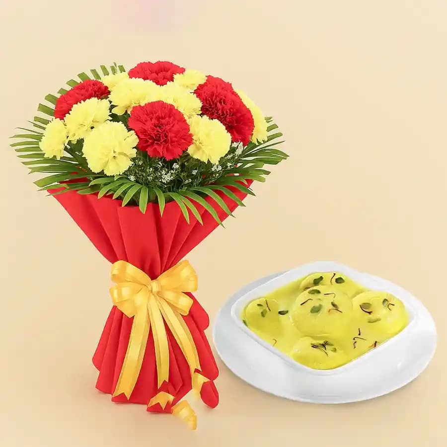Enjoyable Shree Mithai Rasmalai with Exotic Carnations Bouquet