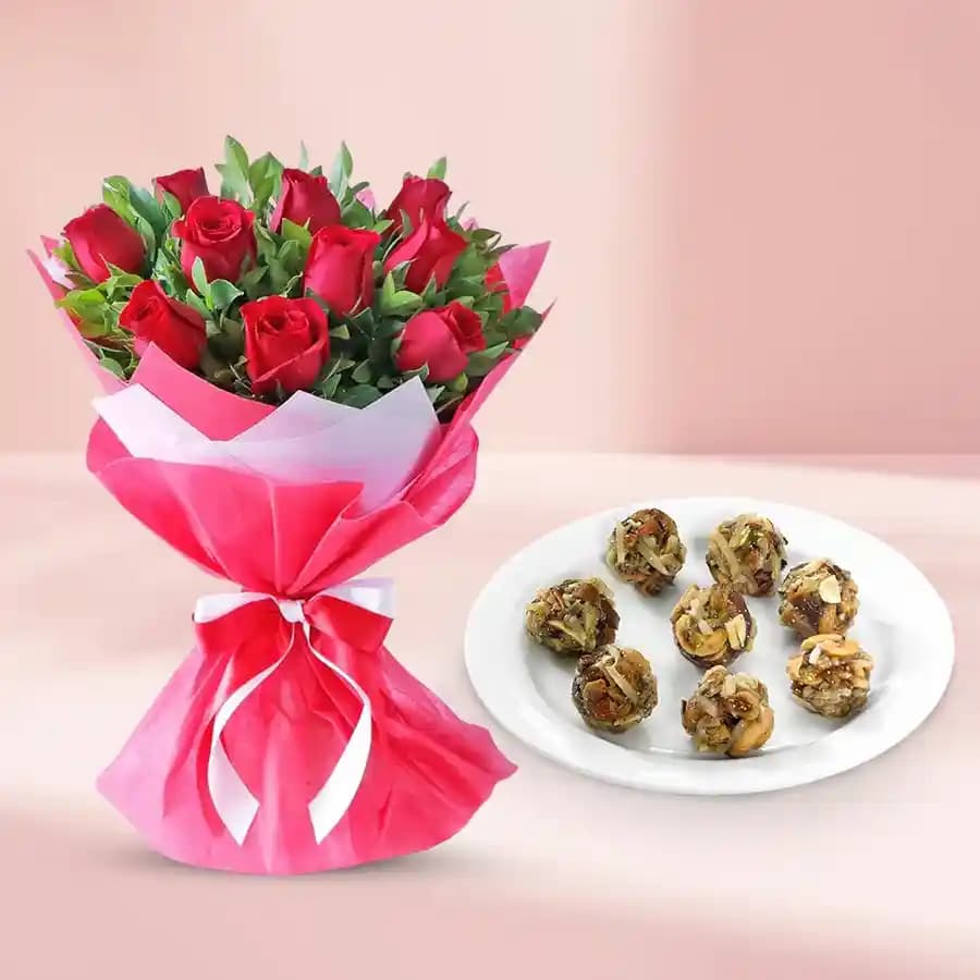 Tasty Dry Fruit Ladoo from Shree Mithai with Glorious Red Roses Bunch