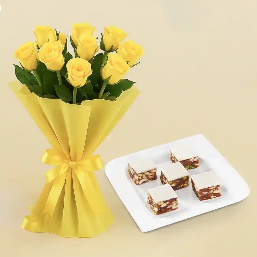 Indulgent Khajur Pak from Shree Mithai with Yellow Roses Bunch