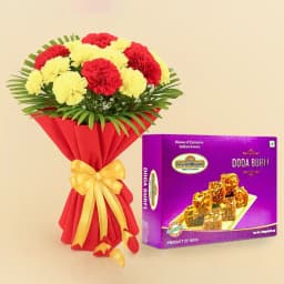 Classic Dodha Burfi from Ananda Bhawan with Red N Yellow Carnations Bunch 1