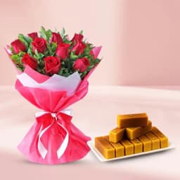Delicious Kaju Mysore Pak from Ananda Bhawan with Elegant Red Roses Bunch 1