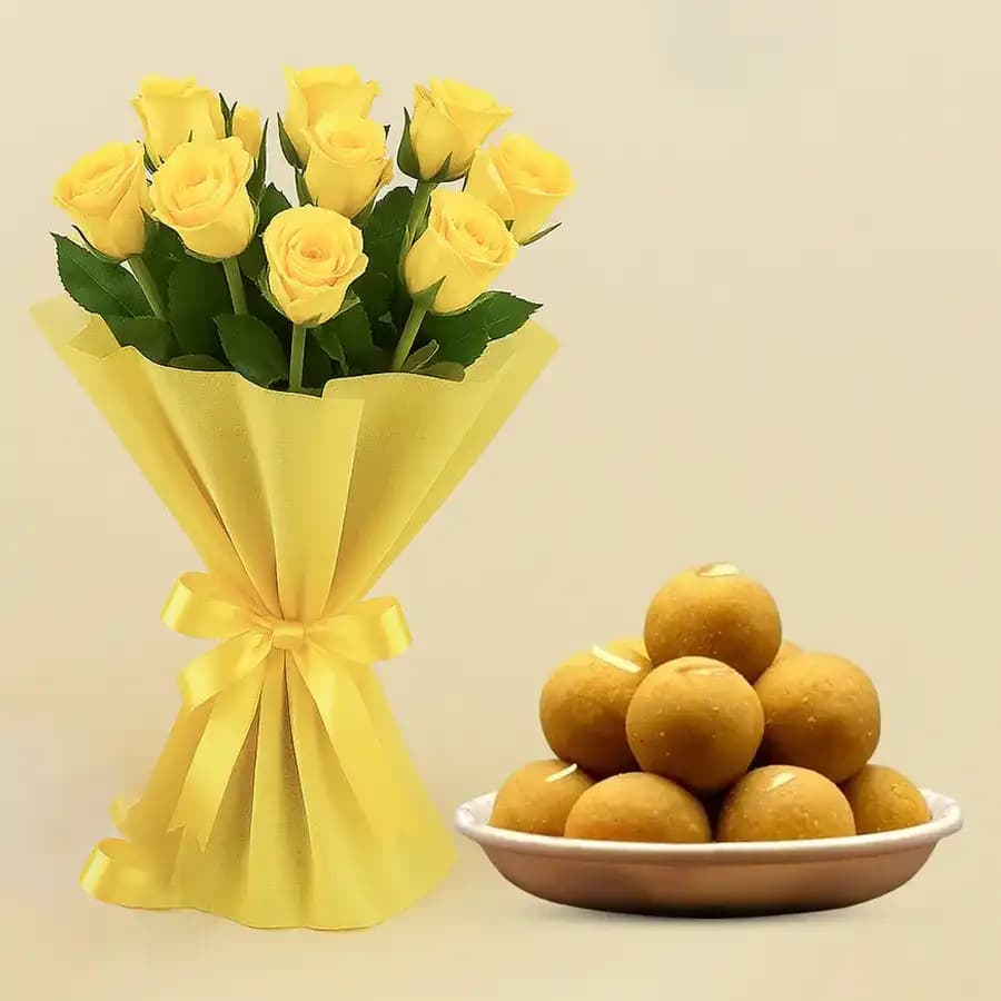 Exquisite Ananda Bhawan Besan Laddu with Bright Yellow Roses Bunch