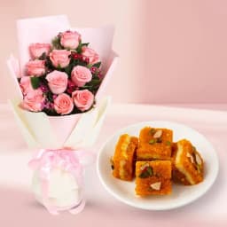 Toothsome Moti Pak from Gangotree Sweets and Snacks with Pink Roses Bouquet 1