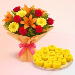 Treasured Gangotree Sweets and Snacks Kesaria Peda N Mixed Flowers Bunch Combo 1