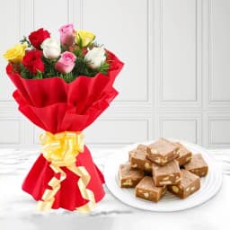 Luscious Kaju Choco Bites with Majestic Bunch of Mixed Roses 1