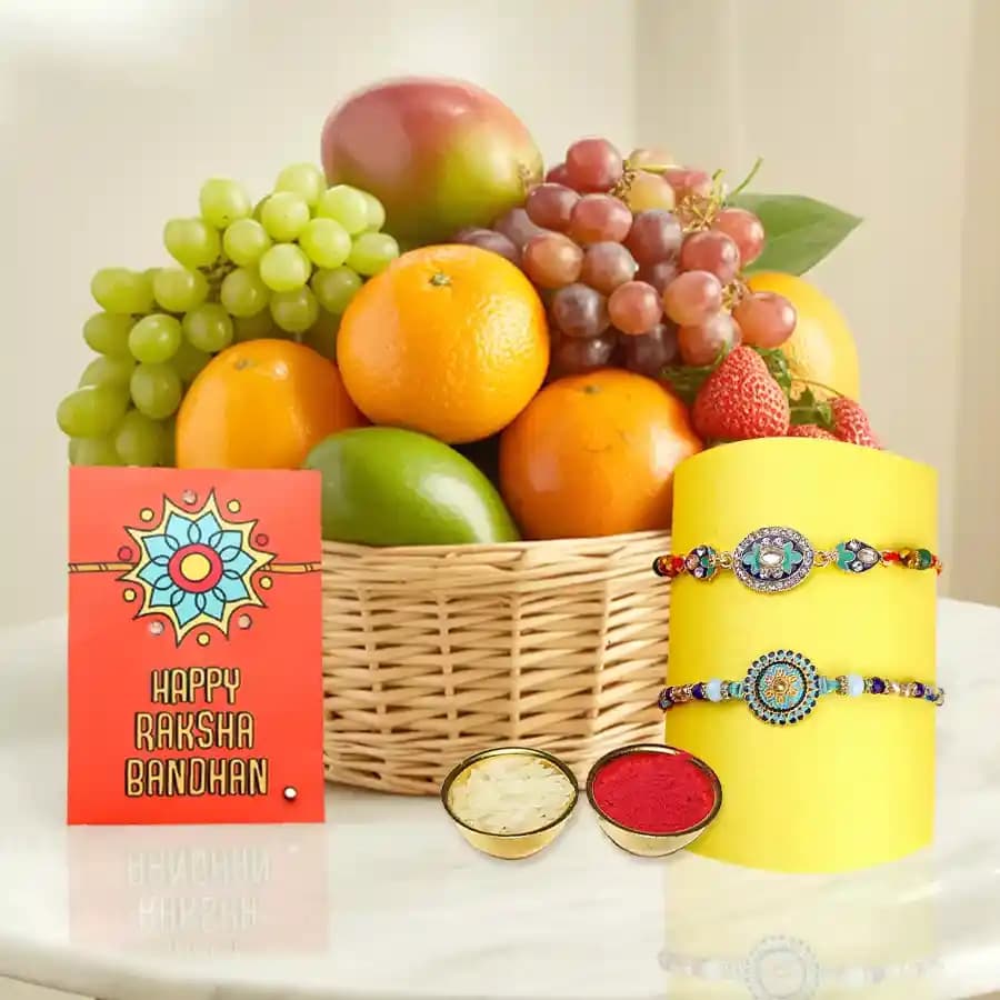 Fresh Fruit Basket 2 Kg with 2 Regular Rakhi and Roli Tilak Chawal