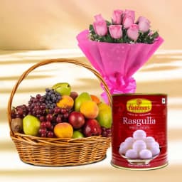 Fruits Basket with Roses Bouquet N Haldirams Rasgulla 1
