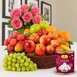 Basket Hamper of Fresh Fruits Haldiram Rasgulla and Pink Rose Bouquet for your Mom 1