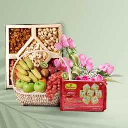 Pink Roses with Fresh Fruits and Haldirams Sweets 1