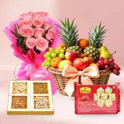 Fresh Fruits Basket & Sweets with Pink Rose Bouquet for your Mom 1