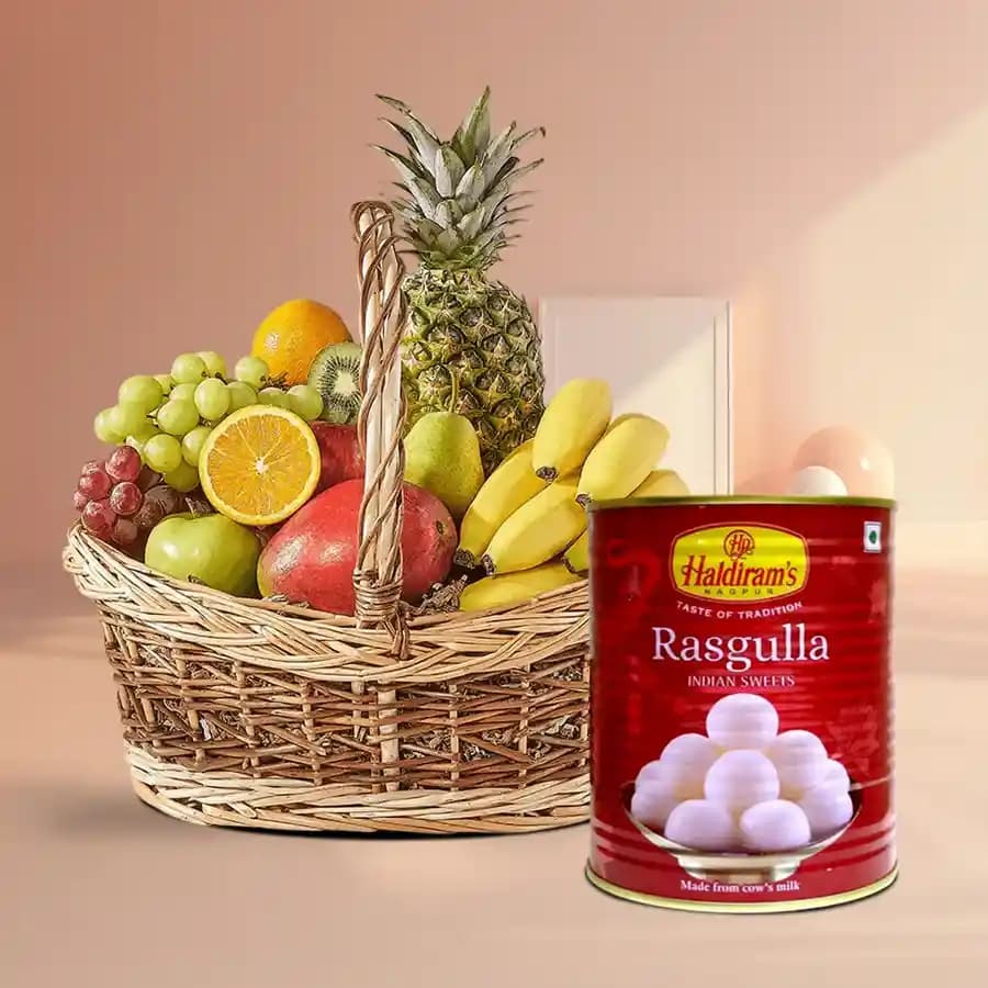 Seasonal Fresh Fruits Basket with Haldirams Rasgulla