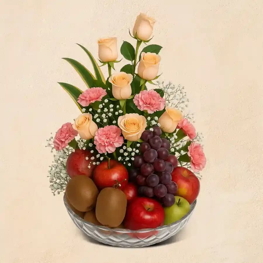 Exquisite Gift of Exotic Fruits N Flowers in Glass Vase