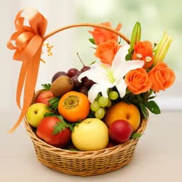 Carefully Selected Imported Fruits Basket with Orange Roses n White Lily 1