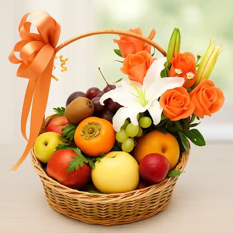 Carefully Selected Imported Fruits Basket with Orange Roses n White Lily