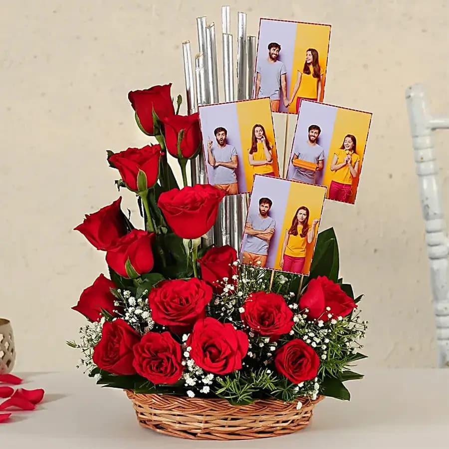 Lovers Delight Roses n Personalized Pics in Basket