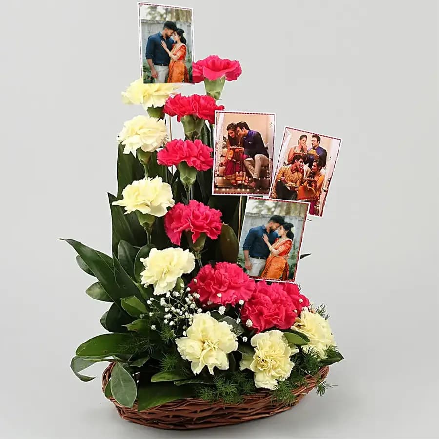 Eternal Romance Basket of Mixed Carnations with Personalized Pics