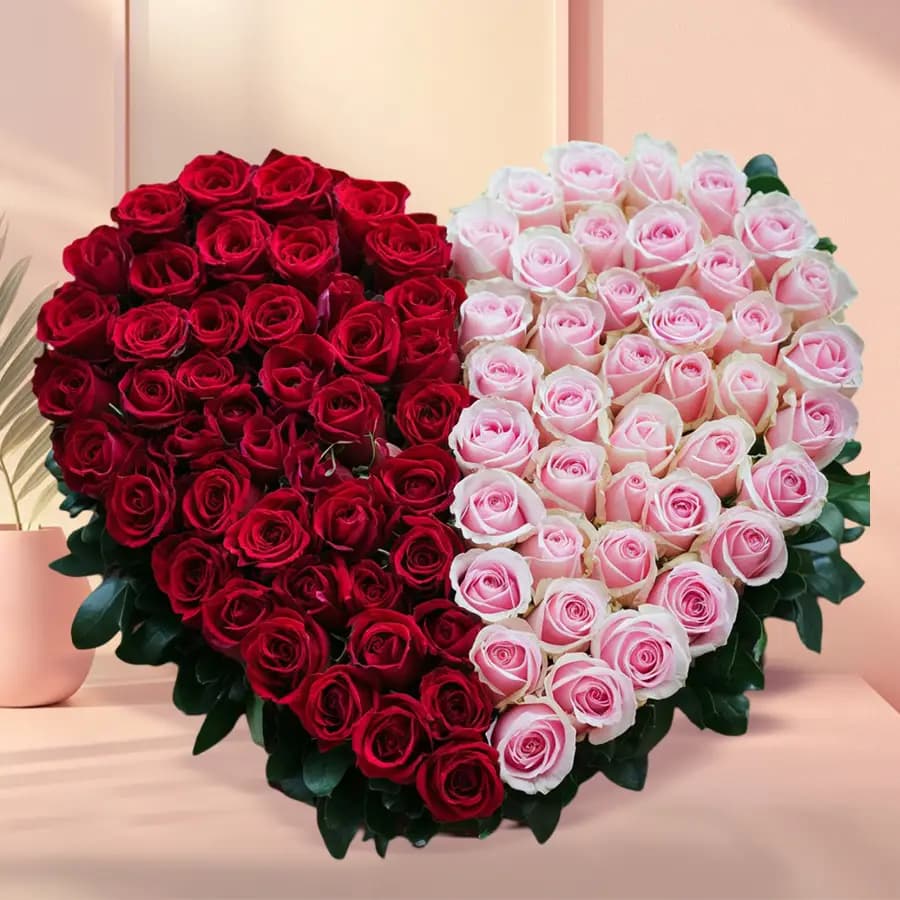 Classic Twin Heart Arrangement of 300 Red N Pink Roses