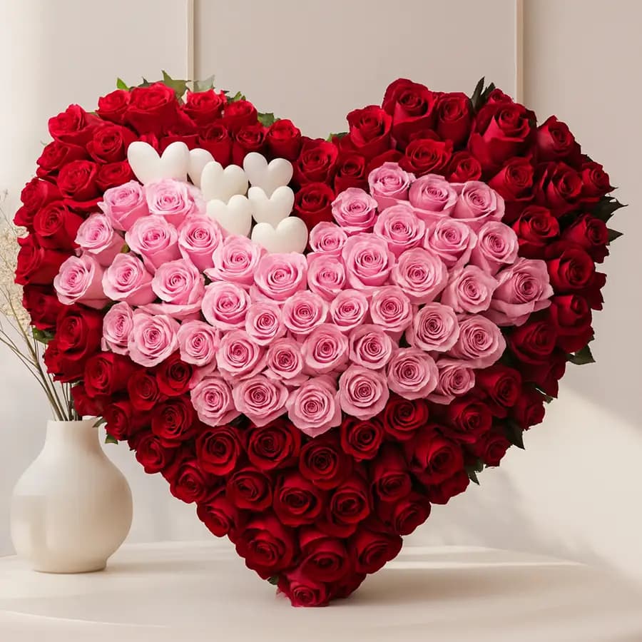 Cool 75 Pink N Red Rose Heart Shape Arrangement