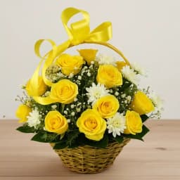 Sun-Shine Basket of 20 Yellow Roses with 2 White Daisies 1
