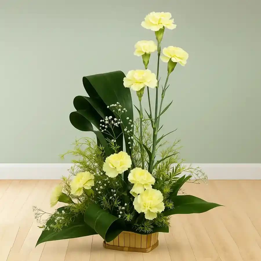 Soothing White Carnation Basket Arrangement