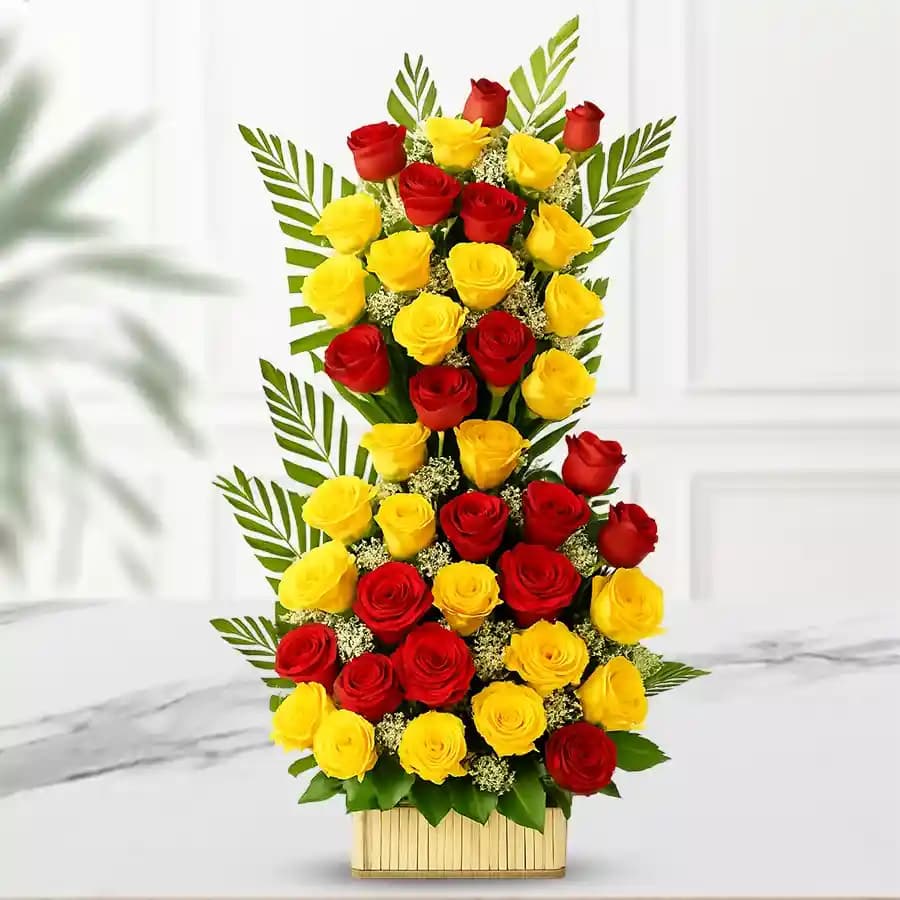 Gorgeous Basket of 50 Red and Yellow Roses