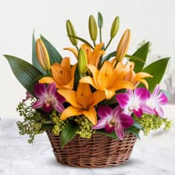 Beautiful Basket of Orange Lilies n Purple Orchids 1
