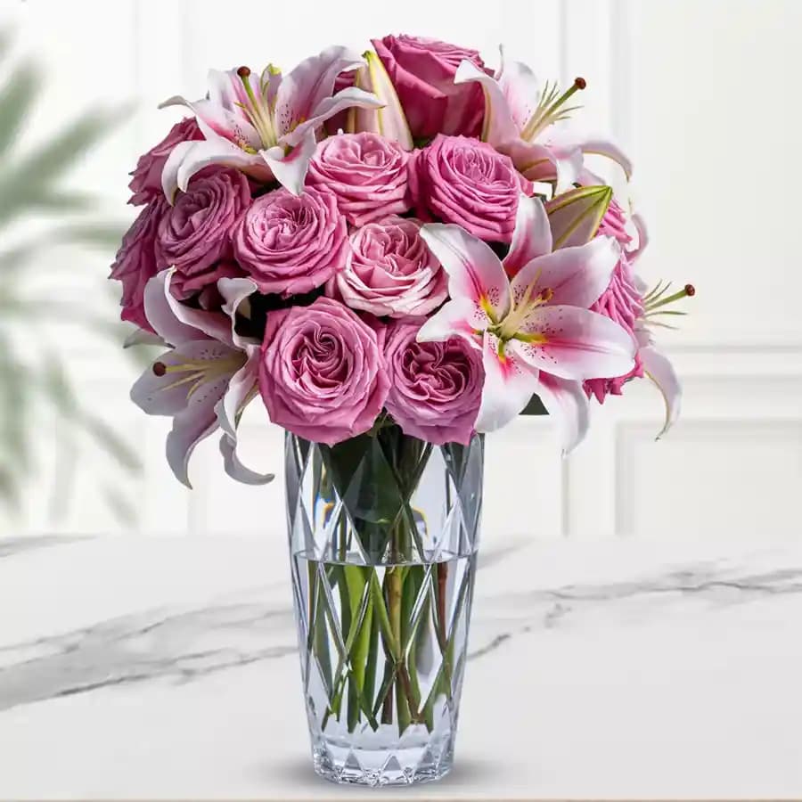 Graceful Blooms of Pink Roses and Lilies