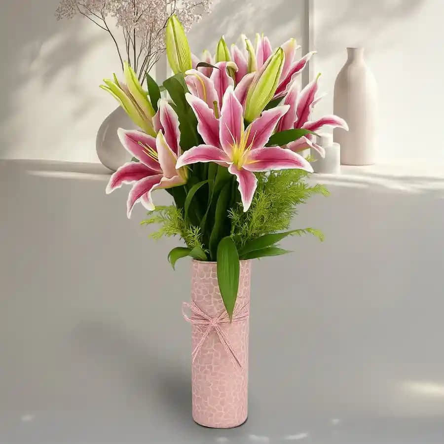 Charming Pink Lilies in Stylish Vase