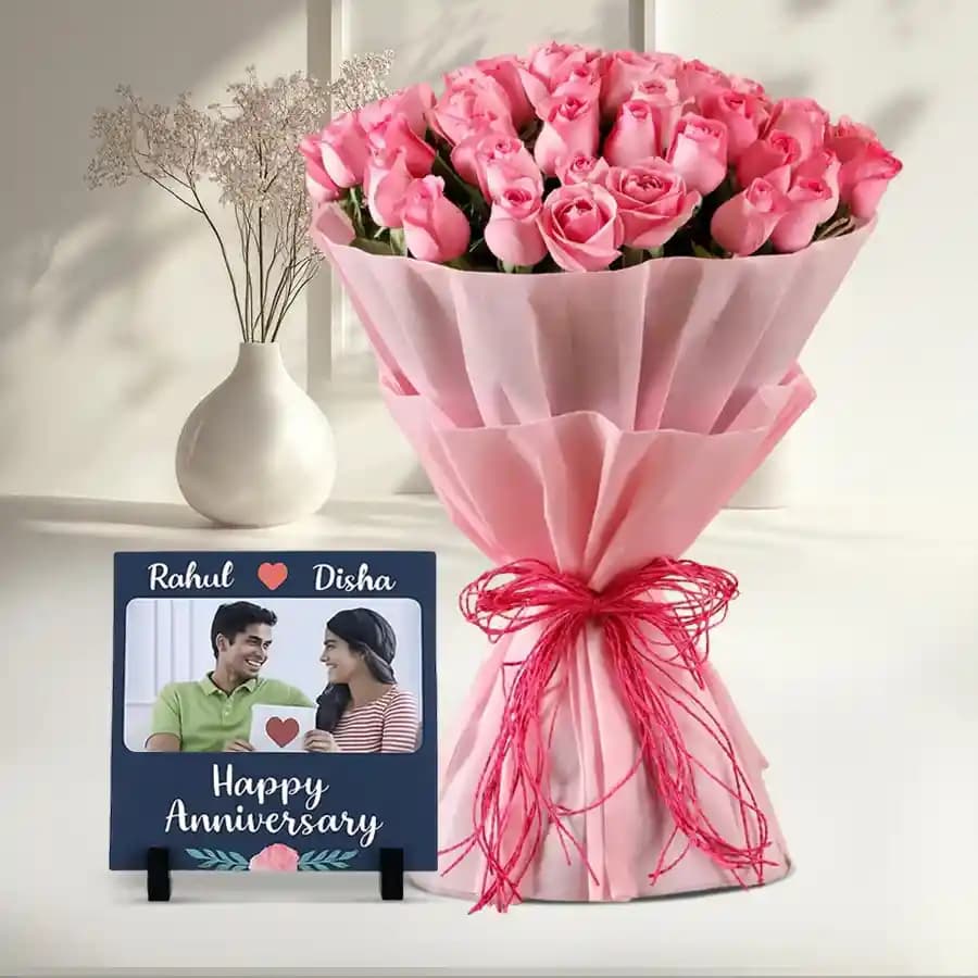 Heartfelt Memories with Pink Roses and Custom Photo Tile