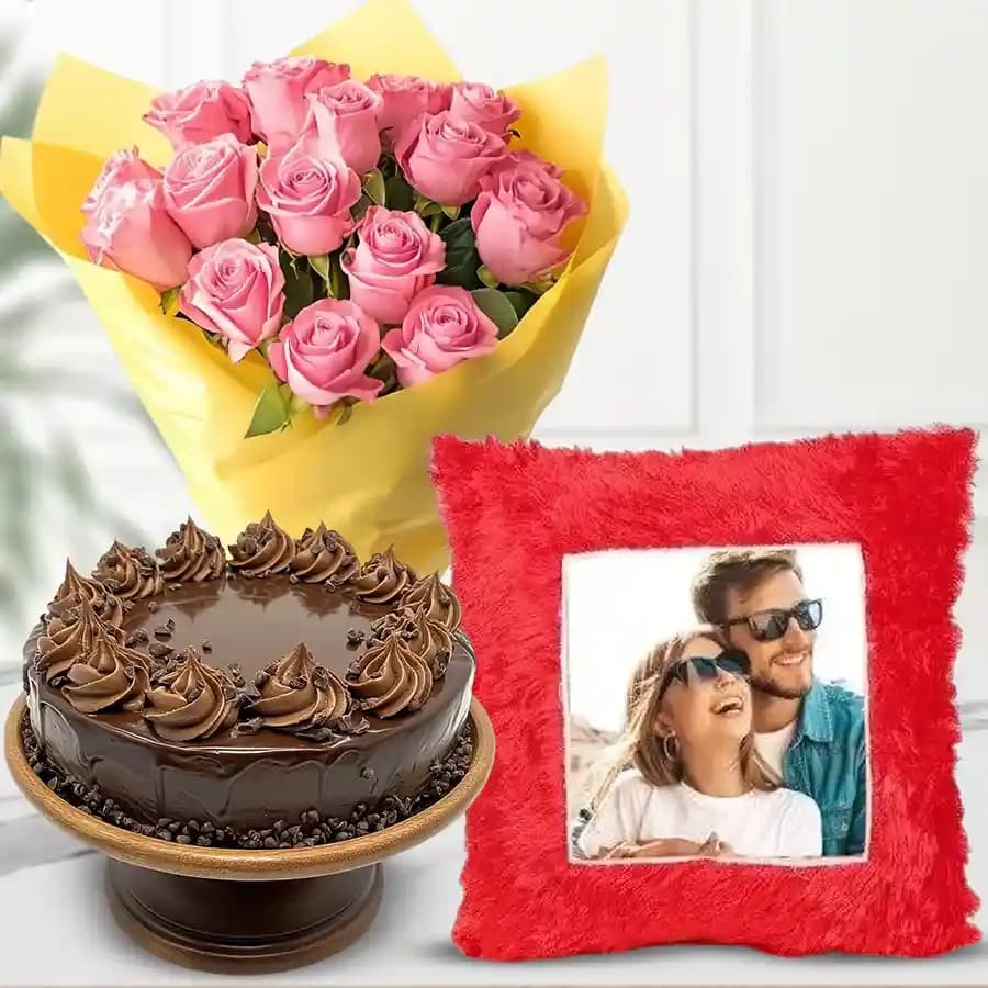 Charming Delight: Pink Roses, Sweet Cake & Custom Cushion