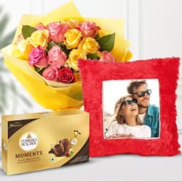 Charming Custom Cushion with Rose Bouquet & Chocolate Surprise 1