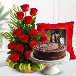 Custom Photo Cushion with Elegant Red Roses and Cake 1